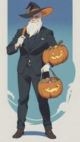 A Gentleman with His Pumpkin An Anime Style Halloween Scene with a Simple Background photo