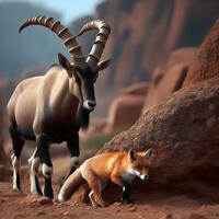 Epic Showdown, A Fearless Goat Stalks a Cunning Fox. AI Generated photo
