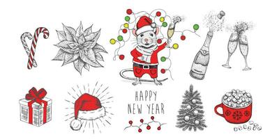 Christmas set. New Year card. Hand drawn illustration. vector