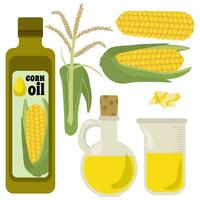 Set of corn oil in bottles and other containers, cobs, ears and grains of corn vector