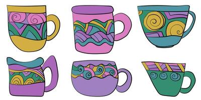 y2k aesthetic mugs with abstract patterns, set of bright cups with fantasy design vector