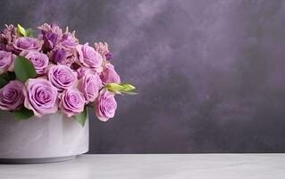 púrpura rosas en un gris antecedentes generativo ai foto