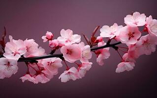 un rama de rosado flores en oscuro antecedentes generativo ai foto