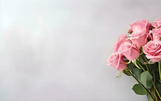 pink roses on a white table with copy space AI Generative photo