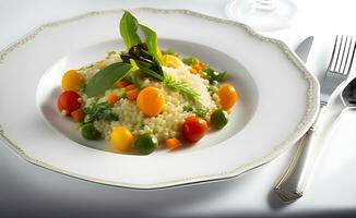 un plato de comida con vegetales y un hoja ai generativo foto