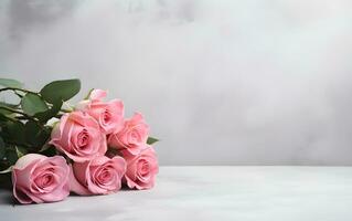 rosado rosas en un blanco mesa con Copiar espacio ai generativo foto