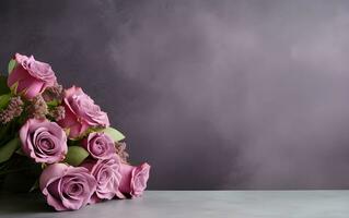 un ramo de flores de púrpura rosas en un mesa generativo ai foto