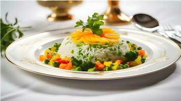 un plato con arroz, vegetales y un Zanahoria ai generativo foto