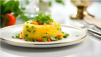 a plate with a dish of rice and vegetables AI Generative photo