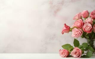 rosado rosas en florero en blanco antecedentes ai generativo foto