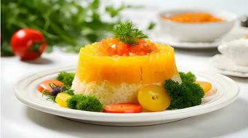 un plato con arroz, vegetales y un Zanahoria ai generativo foto