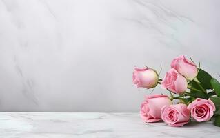 rosado rosas en un blanco mesa con Copiar espacio ai generativo foto