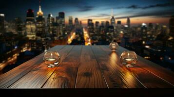 AI-Generated Surface of wooden table and view of big modern city from above background photo