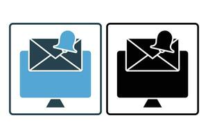 Mail notification icon. computer with bell and exclamation mark. icon related to warning, notification. suitable for app, user interfaces, etc. Solid icon style. Simple vector design editable