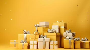 AI Generative.giftbox with yellow on isolated yellow background with copy space photo