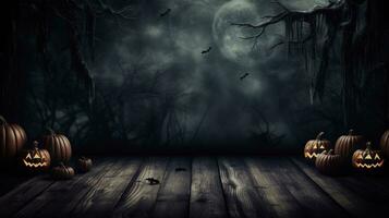 AI GenerativeHalloween Table - Old Wooden Plank With Orange Pumpkin In Purple Landscape With Moonlight photo