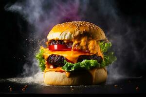 Exploding Burger With Vegetables And Melted Cheese On Black Background Generative Ai photo