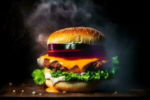 explotando hamburguesa con vegetales y Derretido queso en negro antecedentes generativo ai foto