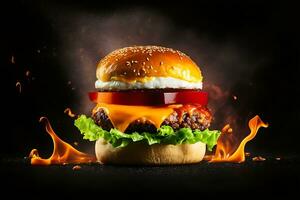 Exploding Burger With Vegetables And Melted Cheese On Black Background Generative Ai photo