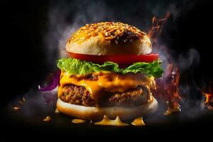 Exploding Burger With Vegetables And Melted Cheese On Black Background Generative Ai photo