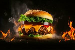 Exploding Burger With Vegetables And Melted Cheese On Black Background Generative Ai photo