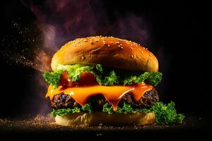 Exploding Burger With Vegetables And Melted Cheese On Black Background Generative Ai photo