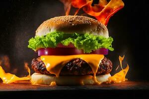 Exploding Burger With Vegetables And Melted Cheese On Black Background Generative Ai photo