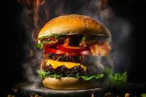 Exploding Burger With Vegetables And Melted Cheese On Black Background Generative Ai photo