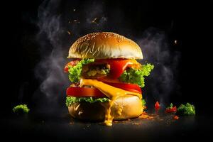 Exploding Burger With Vegetables And Melted Cheese On Black Background Generative Ai photo