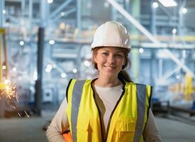 Portrait Heavy Industry Engineer woman Worker Wearing Safety Vest and Hardhat Smiling on Camera. In the Background Unfocused Large Industrial Factory.AI Generative photo