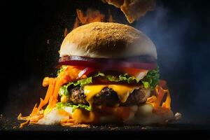 Exploding Burger With Vegetables And Melted Cheese On Black Background Generative Ai photo