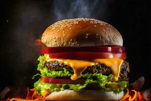 explotando hamburguesa con vegetales y Derretido queso en negro antecedentes generativo ai foto