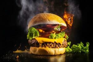 Exploding Burger With Vegetables And Melted Cheese On Black Background Generative Ai photo