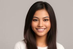 de cerca foto retrato de un hermosa joven asiático mujer sonriente con limpiar dientes en gris fondo.generativo ai.