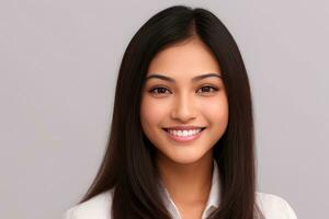 de cerca foto retrato de un hermosa joven asiático mujer sonriente con limpiar dientes en gris fondo.generativo ai.