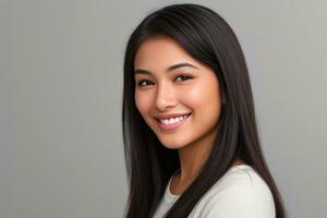 Closeup photo portrait of a beautiful young asian woman smiling with clean teeth on gray background.generative ai.