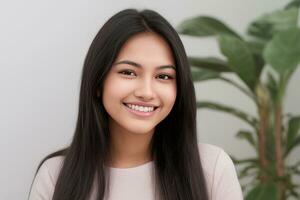 de cerca foto retrato de un hermosa joven asiático mujer sonriente con limpiar dientes en gris fondo.generativo ai.