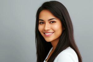 Closeup photo portrait of a beautiful young asian woman smiling with clean teeth on gray background.generative ai.