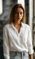Young Italian woman wearing a white linen shirt.Generative AI. photo