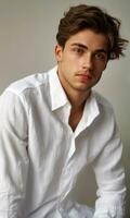 Young Italian man wearing a white linen shirt.Generative AI. photo