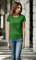 Young Italian woman wearing a green linen t-shirt.Generative AI. photo