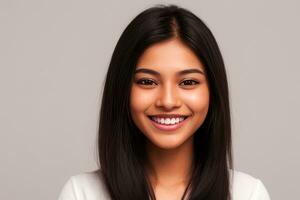 de cerca foto retrato de un hermosa joven asiático mujer sonriente con limpiar dientes en gris fondo.generativo ai.