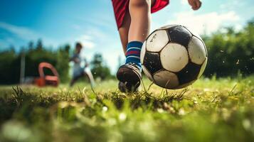 Close-up Legs Child male friends playing Football in the backyard.AI Generative photo