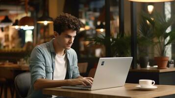 A young man working on a laptop, boy freelancer or a student with a computer in a cafe Background bokhe.AI Generative photo