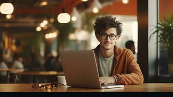 joven hombre trabajando en computadora portátil, chico persona de libre dedicación o estudiante con computadora en café a mesa mirando en cámara.ai generativo foto