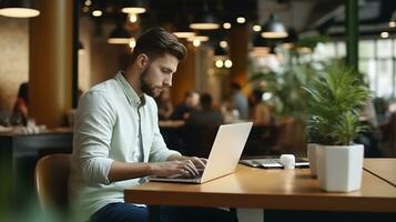 A young man working on a laptop, boy freelancer or a student with a computer in a cafe Background bokhe.AI Generative photo