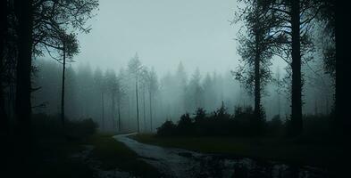 camino en el bosque en un lluvioso día misterioso mojado bosque remoto campo foto