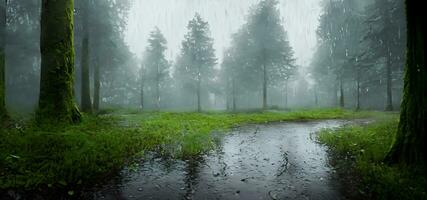 camino en el bosque en un lluvioso día misterioso mojado bosque remoto campo foto
