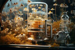 Generative AI, Essential oil extraction with distillery machine with chamomile flowers photo
