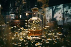 Generative AI, Essential oil extraction with distillery machine with chamomile flowers photo